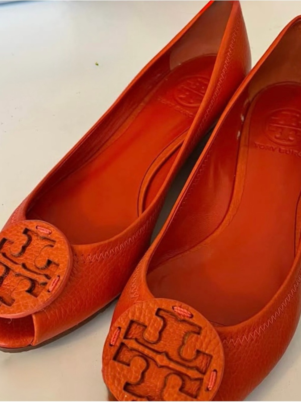 Tory Burch Orange Leather Peep-Toe Logo Flats